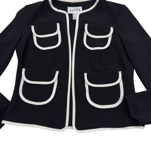 Joseph Ribkoff Black/White Piped Front Pocket Open Front Jacket Women's Size 6 - Picture 2 of 8